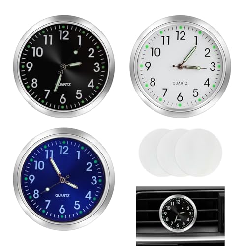 Lot de 3 Horloge Voiture Tableau de Bord, Horloges de Voiture à Quartz, Horloge à Évent avec Aiguilles Lumineuses, Boîtier en Alliage, Avec Ruban Adhésif Double...