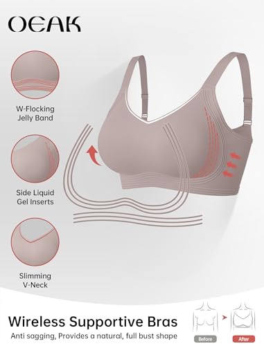 OEAK Womens Seamless Push Up Bras No Underwire Full Coverage Anti Sagging Comfortable Bras V Neck Bra Wireless Everyday Bra Grey,XL2