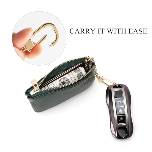 Image of Full Grain Leather Coin Purse with Key Chain - Small Change Purse Keychain Card Holder Keychain Pouch Small Keychain Wallet for Women and Men (Forest Green)
