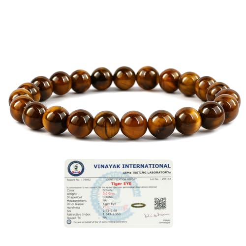 Reiki Crystal Products Natural Tiger Eye Bracelet | Certificate of Authenticity | Confidence, Protector, Will Power | Tiger Eye Round Beads 8 mm Crystal Stone Bracelet for Men and Women