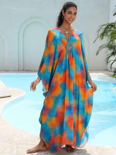 Image of IMAGEKOPE Women's Plus Size Animal Print V-Neck Batwing Kaftan Beach Dress Bathing Suit Cover-Up Loungewear