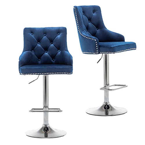 Btexpert Swivel 33.5" Set Of 2 Kitchen Upholstered Dining Barstool 25"-33" Adjustable High Back Stool Counter Bar Chairs, Velvet Chrome, Blue Tufted Trim (5153-2A) #TOP1