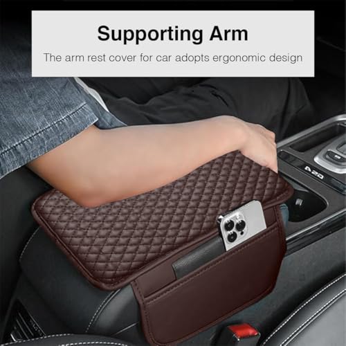 Image of Lyrovo PU Leather Car Armrest Cushion Pad With Side Pockets, Universal Fit for All Car (Mocha)