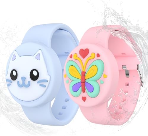 Waterproof Airtag Bracelets for Kids - (2 Pack) Soft Silicone Hidden Airtag Wristband - Lightweight GPS Tracker Holder Compatible with Apple Airtag Band for Child(Butterfly/Cat)