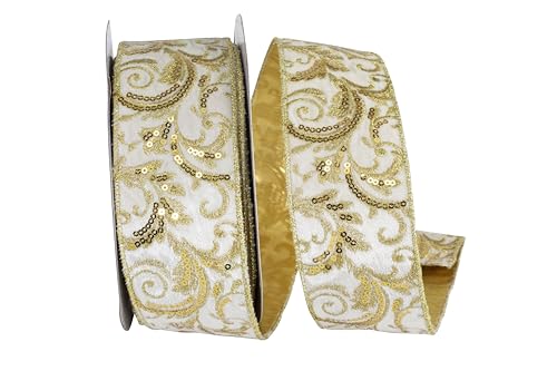 Ribbon - Filigree Sequin Embroidery Plush Velvet Wired Edge, Ivory/Gold, 2-3/8 Inch, 10 Yards by Reliant Ribbon - Used condition - US$47.61