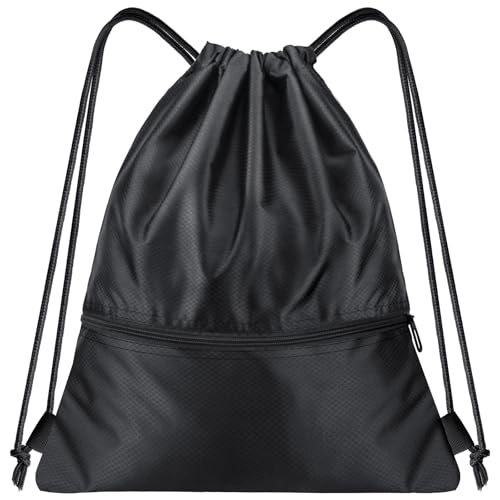 Image of Lunhoo Drawingstring PE Bag, Cinch Backpack with 2 Zip Pockets, Waterproof Lightweight Gym Sack Pack for Swimming, Sport, School, Travel, Beach, Men and Women (Black)