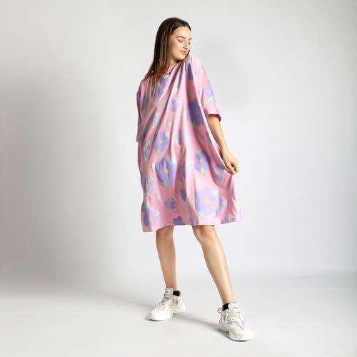 Image of LAMA STORE Women's Printed Oversized T-Shirt Dress, Cotton, 3 /4 Sleeve Length, Casual Loose Fit, Comfort Wear Extra Comfy Oversized Printed Pocket T-Shirt Dress