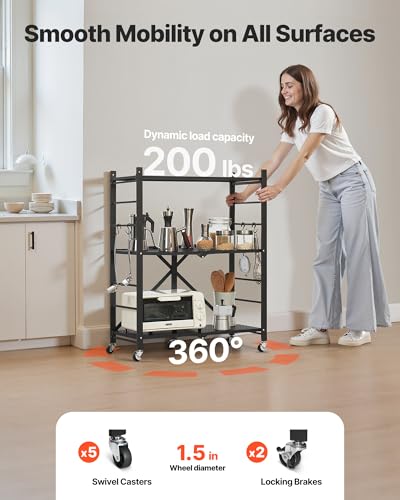 Image of VEVOR 3-Tier Foldable Storage Shelf, 30W x 13D x 36H Inch Folding Metal Rack Shelving Unit, No Assembly Organizer Shelf with 5 Wheels & 4 Hooks for Pantry, Kitchen, Garage, Basement, Black