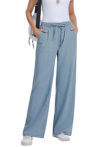 Auravista Women Wide Leg Jeans Lightweight Soft Baggy Drawstring Denim Pants Pull On Straight Leg Casual Summer Trousers
