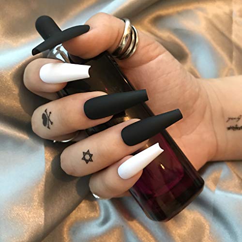 24Pcs Press on Nails Coffin Fake Nails Tips, ALPHONSE Long Ballerina False Nails with Glue, and 5 Sheet Waterproof Temporary Tattoo stickers for Women
