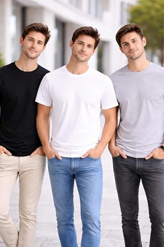 Image of Men's Round Neck T-Shirt Combo Pack (Pack of 3) | 100% Cotton 200 GSM | Bio-Washed | Soft & Breathable | Regular Fit Plain T-Shirts for Men