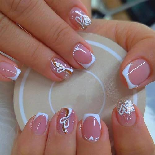 Kabwea 24 pezzi Unghie finte French tip bianche, Unghie artificiali corte quadrate con glitter, Unghie finte, Unghie da incollare