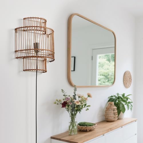 Image of Farmhouse Rattan Wall Sconce, Plug-in Wall Lamp Black Finish with Boho Woven Wicker Shade for Vanity, Stairway, Fireplace, Bedside, Passway, Hallway, Living Room