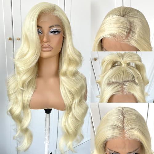 MITIMES 13x6 Blonde HD Lace Front Wig Glueless White Wigs Synthetic Lace Front Wig Pre Plucked Pre Cut 613 Body Wave Wear And Go Lace Front Wig For Cosplay Party