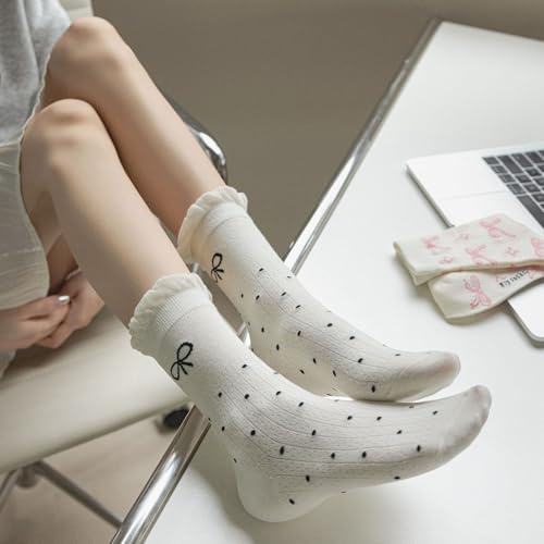 Image of Starella Women's Cute Bow Ruffle Frilly Socks Lace Polka Dot Casual Crew Sock for Flats 4 Pairs