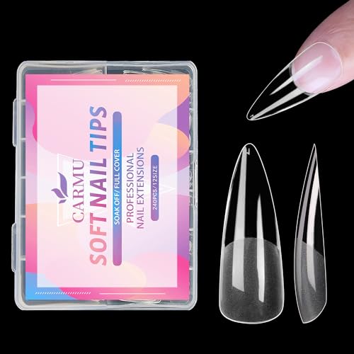Carmu Stiletto Nail Tips Soft Gel Nail Tips Medium Stiletto 240pcs False Nails Pre-shape Full Cover Acrylic Nail Tips Half Matte Press on Fake Nail For Nail Extension Nail Art 12 Sizes Nail Tips