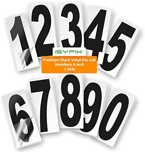 iSYFIX Black Vinyl Numbers Stickers, Self Adhesive -6 Inch Slim (2 Sets)- Premium Decal Die Cut and Pre-Spaced for Mailbox, Signs, Window, Door, Cars, Trucks, Homes, Businesses, Address Numbers, Indoor or Outdoor