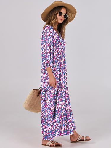 Image of ANRABESS Womens Boho Floral 3 /4 Puff Sleeve Maxi Dress | Tiered Flowy Loose Fit, Comfy Soft Rayon Fabric, Wedding Guest Church Beach, Modest Elegant, Spring Summer Fall Outfits