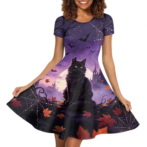 Image of HUGS IDEA Womens Puffy Swing Midi Dress Round Neck Short Sleeve Party A-Line Dresses