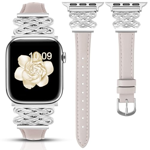 Image of Newlibery Leather Band for Women Slim Dressy Bands Compatible with Apple Watch 38mm 40mm 41mm 42mm 44mm 45mm 49mm, Designer Interlock Buckle Strap for iWatch Series 10 /9 /8 /7 /6 /5 /4 /3 /2 /1 /SE /Ultra