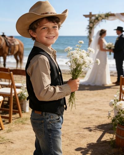 Image of Retro Boys Western Cowboy Vest for Kids Leather Suede Waistcoat | vintage dress vests, welt pockets, v-neck, adjustable waist, formal slim fit, wedding outfit, farm christmas birthday prom
