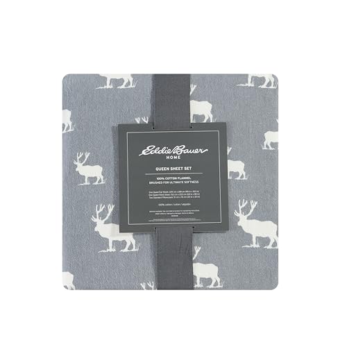 Image of Eddie Bauer - Flannel Sheets King Size, Anti-Pilling & Wrinkle Resistant Cotton, Touchably Soft for All-Season Comfort - Bed Sheets with Matching Pillowcase & Fitted Sheet (Elk Grove Grey)