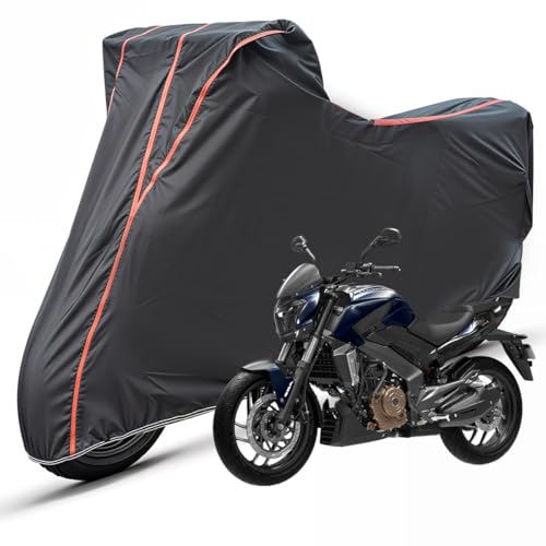 Image of Two Wheelers Bike Body Cover Compatible for Bajaj Dominar 400, UV Resistant, Dustproof, Triple Stitched, Elastic Bottom, Red Piping Motorcycle Cover (Black, Pack of 1)