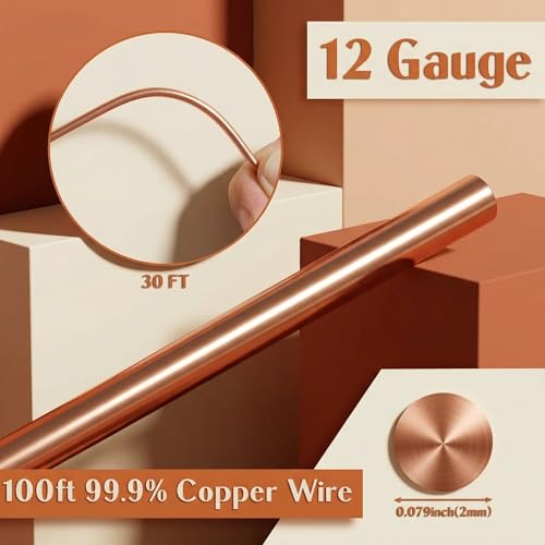 Image of Therwen 30ft 12 Gauge Copper Wire for Gardening, Electroculture, Bonsai, Jewelry Making Beading DIY Craft Pure Bare Copper Wire Spool