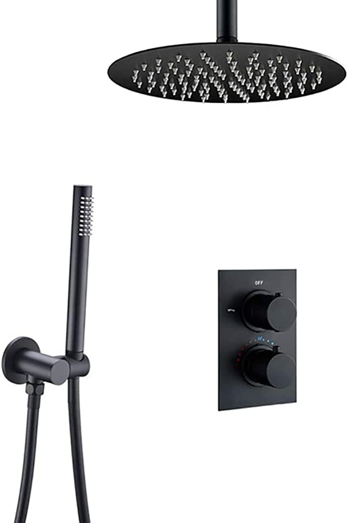 Black Thermostatic Shower System with 10 Inch Round Rainfall Shower Head and Handheld Shower Ceiling Mounted Luxury Bathroom Shower Taps Set