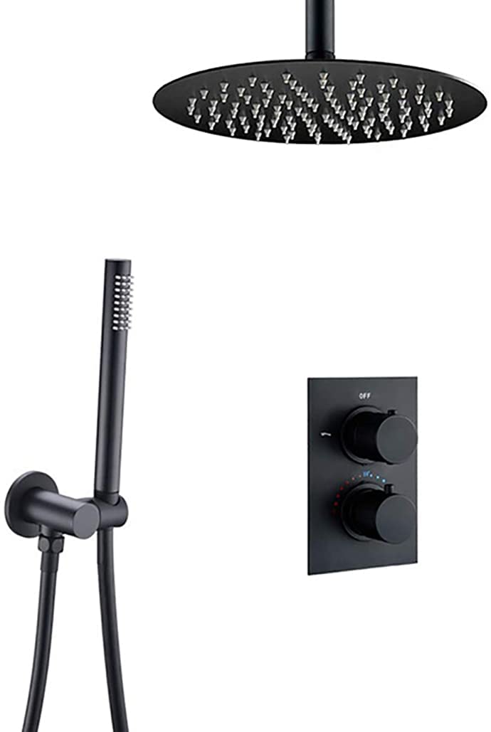 OZBMA shower set system, ceiling mounted black thermostatic valve bathroom taps with 8-12 inch round rainfall head and handheld shower, set,12