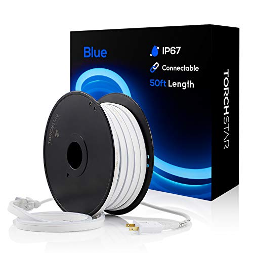 TORCHSTAR 50ft LED Neon Rope Light Outdoor, IP67 Waterproof, AC 120V (150ft Max), ETL & UL Certified, Soffit Commercial Building Decor, Blue