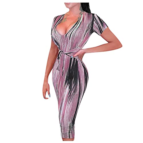 Ackssi Damen Maxikleid Damenmode Sexy Temperament Persönlichkeit Druck Kurzarm Rundhalskleid Cover