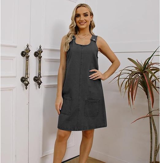 Image of Overall Dress for Women Denim Dress Denim Overall Round Neck Skirtall Jean Dress Denim Jumper Dress Pinafore