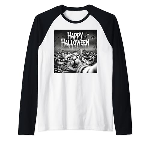 Costume di Halloween zucca spaventoso zucca spaventato gatto selfie Maglia con Maniche Raglan