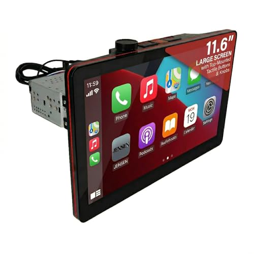 JENSEN J5UP12 11.6-inch Top Mount Control Touchscreen Receiver with Certified Wireless Apple Carplay Android Auto | Single DIN Car Stereo with Bluetooth | Backup Camera Input | USB Playback & Charge