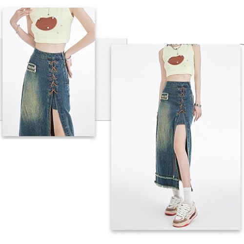 Women's High Waist Denim Skirt Lace Up Side Split Raw Edges Hem A Line Trendy Long Jean Skirt3