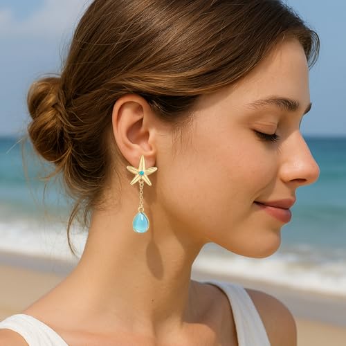 Starfish Dangle Earrings Gold with Blue Rhinestone Aqua Teardrop Chain for Women, Tropical Beach Vacation Jewelry Summer Gifts, E08B2