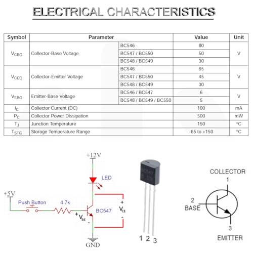 Youmile 100 Stück Transistor BC547 BC547B TO-92 NPN-Transistor 50 V 0,1 A 100 mA 625 mW mit 100 Stück 1 K 1/2 W Ohm Widerstand für elektronische Schaltung