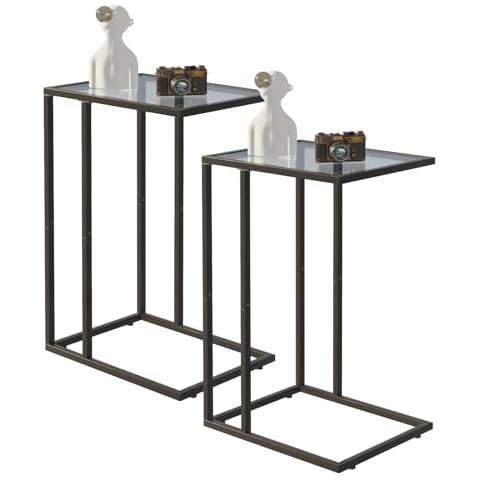 Easy Paws C Shaped End Table Set of 2, Tempered Glass Snack Side Table with Metal Frame, Sofa Couch Side Table, Modern Style, Black Cover