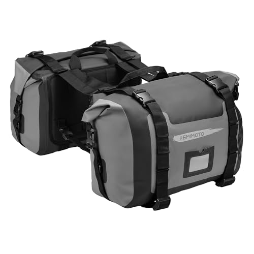 KEMIMOTO PVC Waterproof Motorcycle Saddlebags 50L(25Lx2) Adventure Dual Sport Bike Luggage Bag Saddle Bags Side Bags for Dirtbike Motorbike Travel Motorcycle Panniers Bags Gray