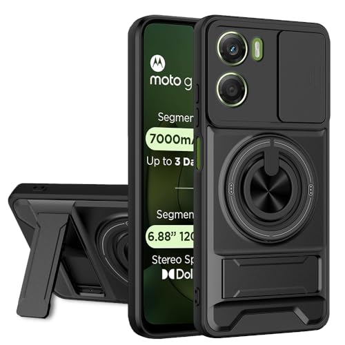 Image of AESTMO Moto G06 Power 5G Back Cover | Armor Camera Slider 360 Degree Rotating Finger Ring Holder Case with Bracket Stand Back Case Cover (Compatible with MagSafe Accessories) (Black)