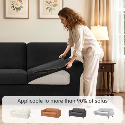 SUBRTEX 5 Pieces Stretch Sofa Slipcover Sets Couch Cover Sets Backrest Cushion Covers Furniture Protector Collection Set for Oversize Sofa Loveseat Chair Slip Covers(Medium, Black) - Thumbnail 4