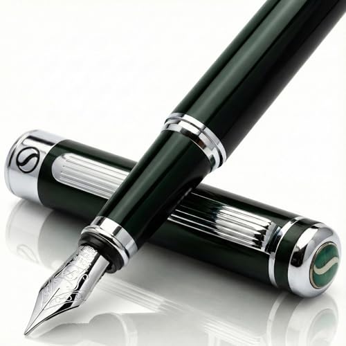 Image of Scriveiner Black Green Fountain Pen - Stunning Luxury Pen with Chrome Finish, Schmidt Nib (Fine), Best Pen Gift Set for Men & Women, Professional, Executive, Office, Nice Pens