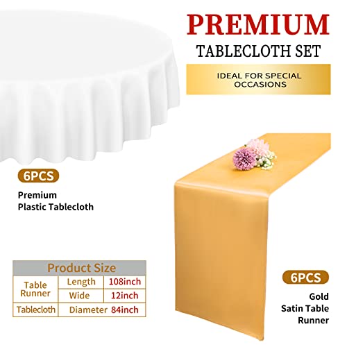Lokume 6 Pack Round Plastic Tablecloth 84" White Disposable Table Covers Waterproof Circle Party Table Cloths For Round Tables And 6 Pack 12"X108" Gold Satin Table Runners For Parties Birthday Picnic #TOP1