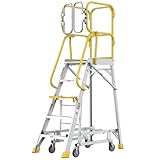 WIILAYOK 5 Step Ladder Aluminum Rolling Platform Ladders with 360° Guardrail System, Industrial Safety Non-Slip Rolling Ladder with Wheels for Warehouse, Garage, 375 lbs Capacity