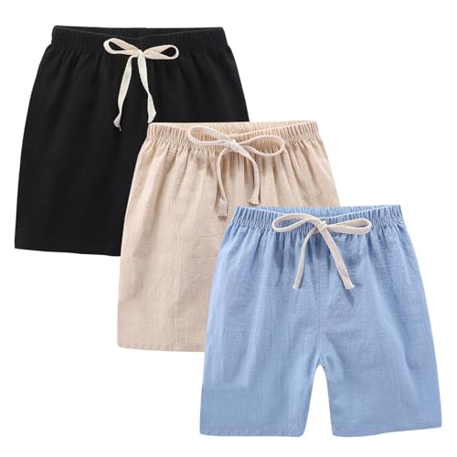Zzalalana 3 Pack Girls Cotton Linen Shorts Casual Summer Beach Shorts Kids Elastic Waist Athletic Shorts with Pockets