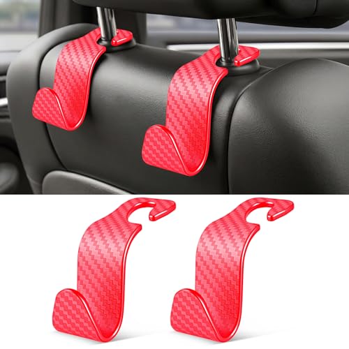 Image of SINGARO Universal 2 Pack Car Seat Headrest Purse Hook, Carbon Fiber Back Seat Hook Storage Organizer Hanger for Purse Handbag Coat, Car Interior Accessories(Red)