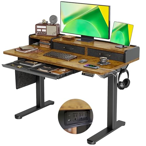 Claiks Standing Desk with Power Outlet & Drawers, 48" Height Adjustable Computer Desk with USB C Port, Sit Stand Home Office Desk with Monitor Stand, Storage Shelves & Side Bag, Rustic Brown