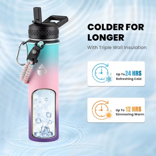 Image of RAYMYLO Insulated Water Bottle 24 oz, Triple Wall Vacuum Stainless Steel (Cold for 24Hrs, Hot for 12Hrs), Leak Proof & Non-BPA, Modern Water Flask Jug with Paracord Handle & Straw Spout Lids