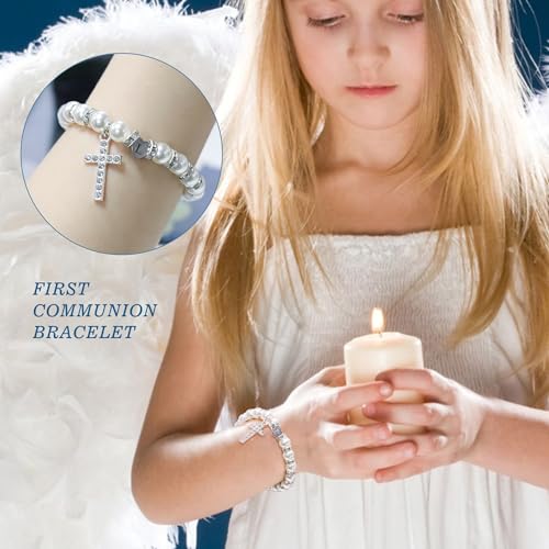 Image of BAYLAY First Communion Gifts for Girls, Cross Bracelet for Teen Girl First Communion Bracelet for Girls Pearl Letter Initial Charm Bracelet First Holy Communion Gifts for Girl Catholic